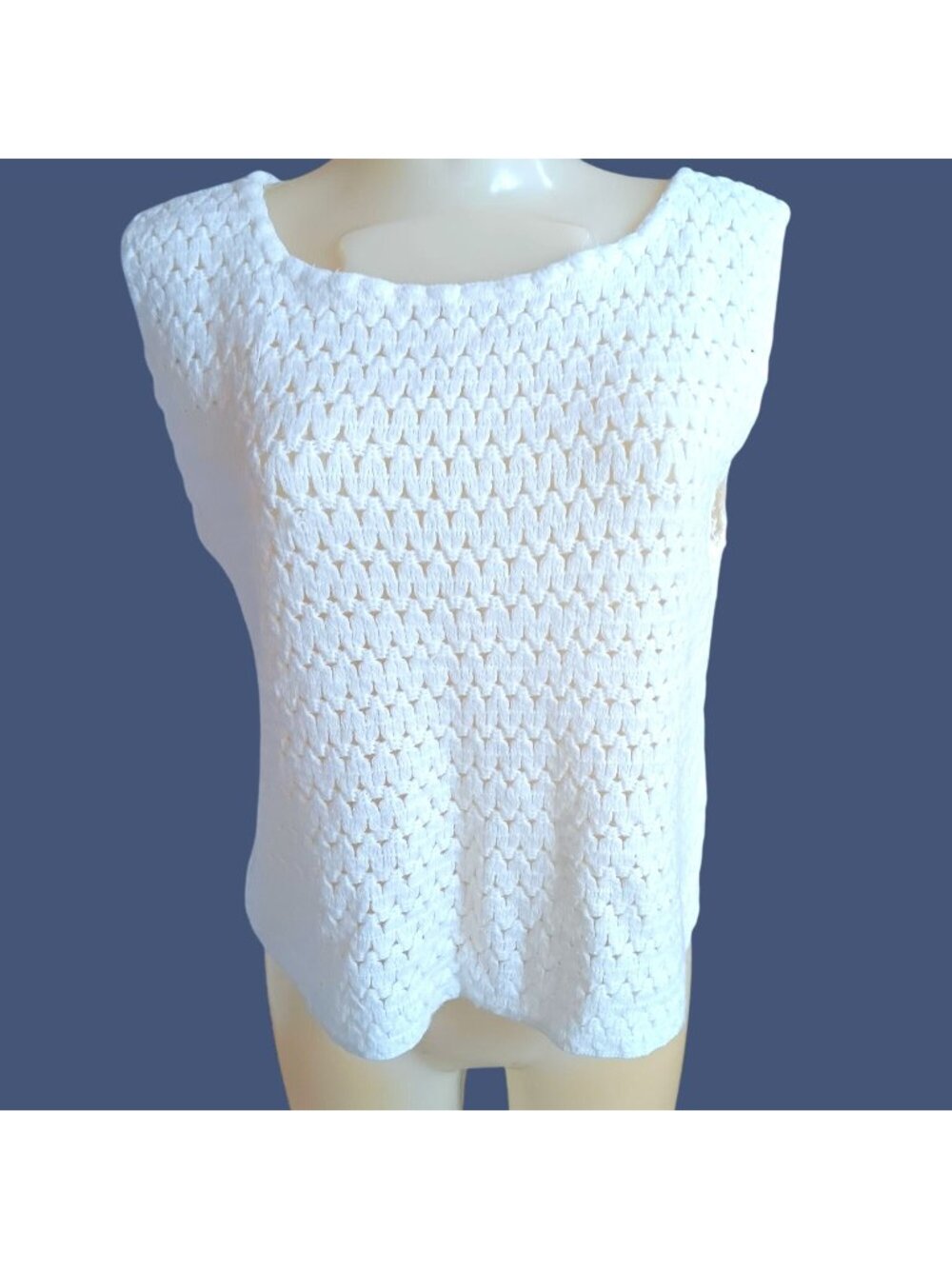 Vintage Women's Crop Top 1960's White Sleeveless Crochet Knit Blouse Mod Granny